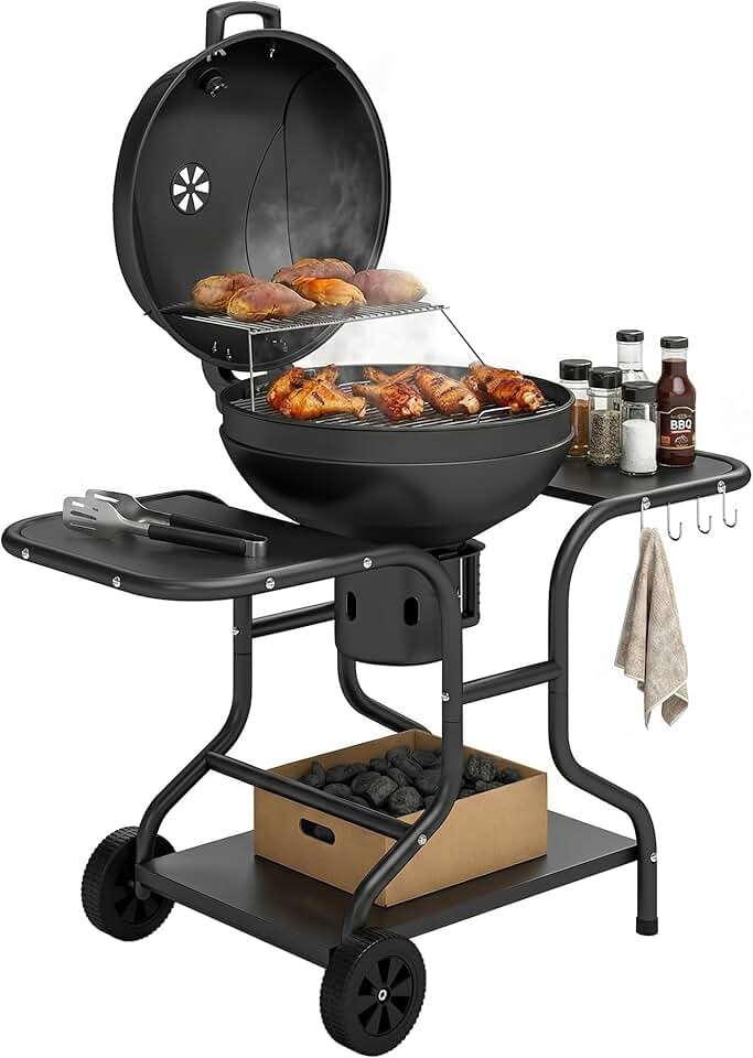 etevert - barbecue rond extérieur - 66x55x98cm - couvercle, roues, thermomètre
