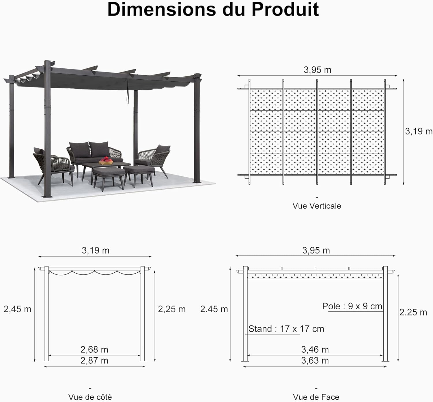 etevert - pergola aluminium - 4 x 3,2 m - toit coulissant, tissu teint, gris