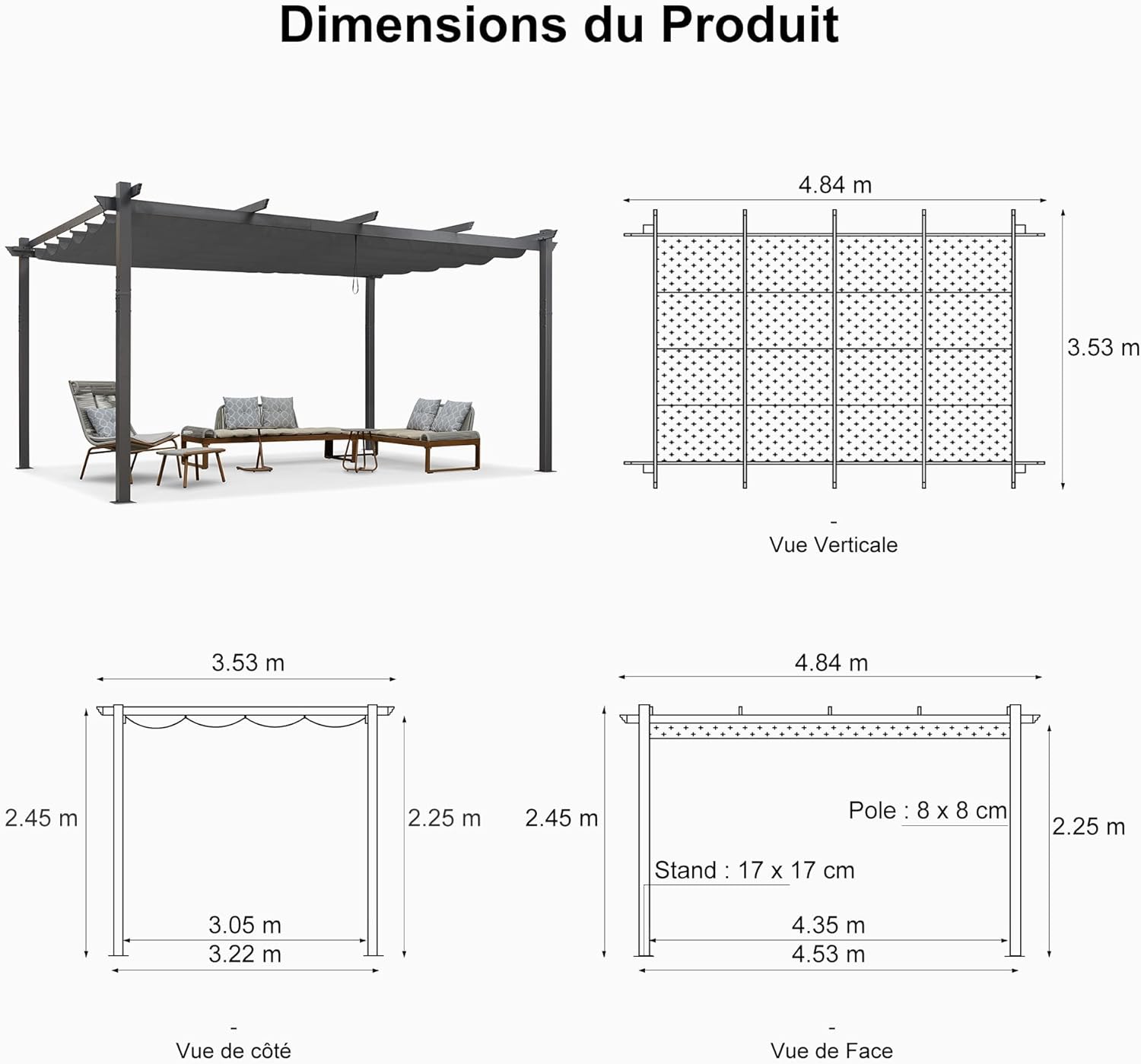 etevert - pergola aluminium - 4,8x3,5m - LED, toit rétractable, tissu mass teinté, structure résistante