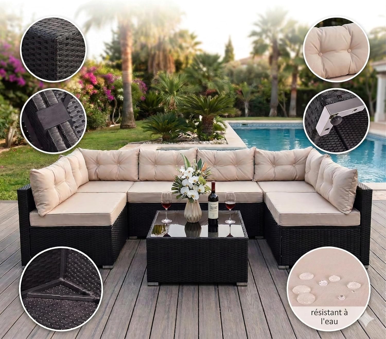 etevert - NACULA - Salon de jardin 5 places, résine tressée, coussins beige, table basse verre, extérieur