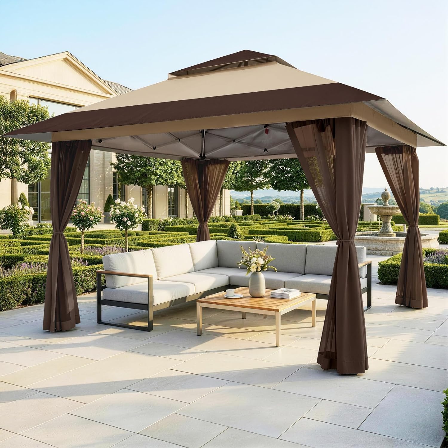etevert Tonnelle de Jardin 4 x 4 m, Pop Up Gezebo Exterieur Imperméable, Abri de Jardin Réglable en Hauteur, Double Toit avec Côtés en Maille Zippée, Sac de Transport, Beige
