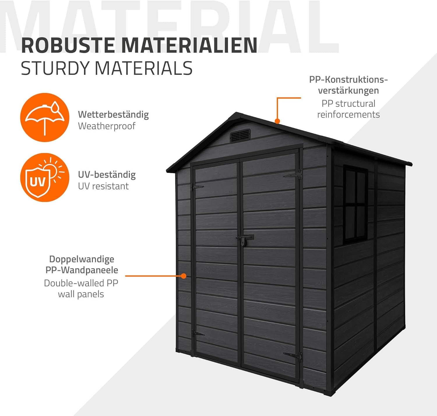 etevert - Abri de jardin résine 151x182x220 cm double porte, 5m³, fenêtre, ventilation