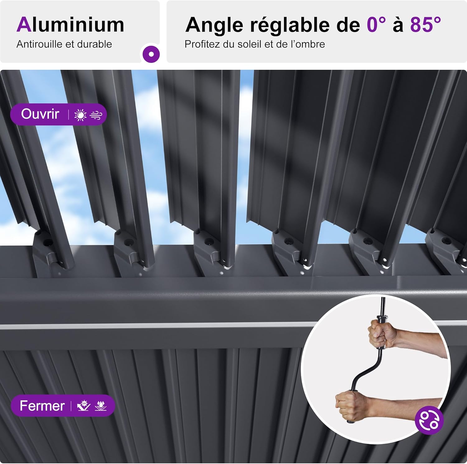 etevert - Pergola bioclimatique - 4x6m - alu lames LED gris