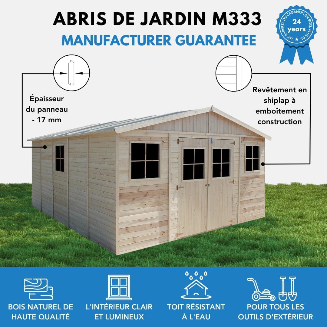 Abri de Jardin en Bois Exterieur avec Les PLANCHERS IMPRÉGNÉ- Maison de Jardin en Pin/épicéa-H246x418x522 cm/20 m²-Construction de Panneaux- Rangement pour vélos, Remise à Outils-etevert M333 +M333G