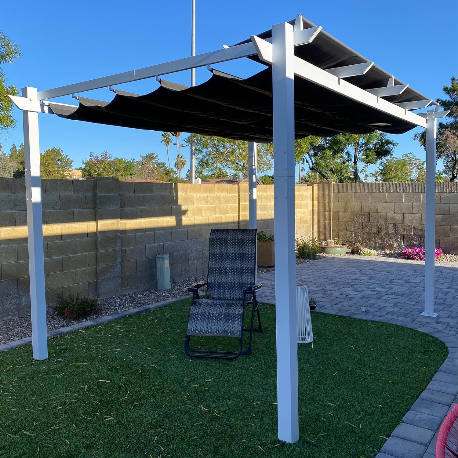 etevert - pergola aluminium série - 4x3m - toit métal blanc, toile rétractable, étanche