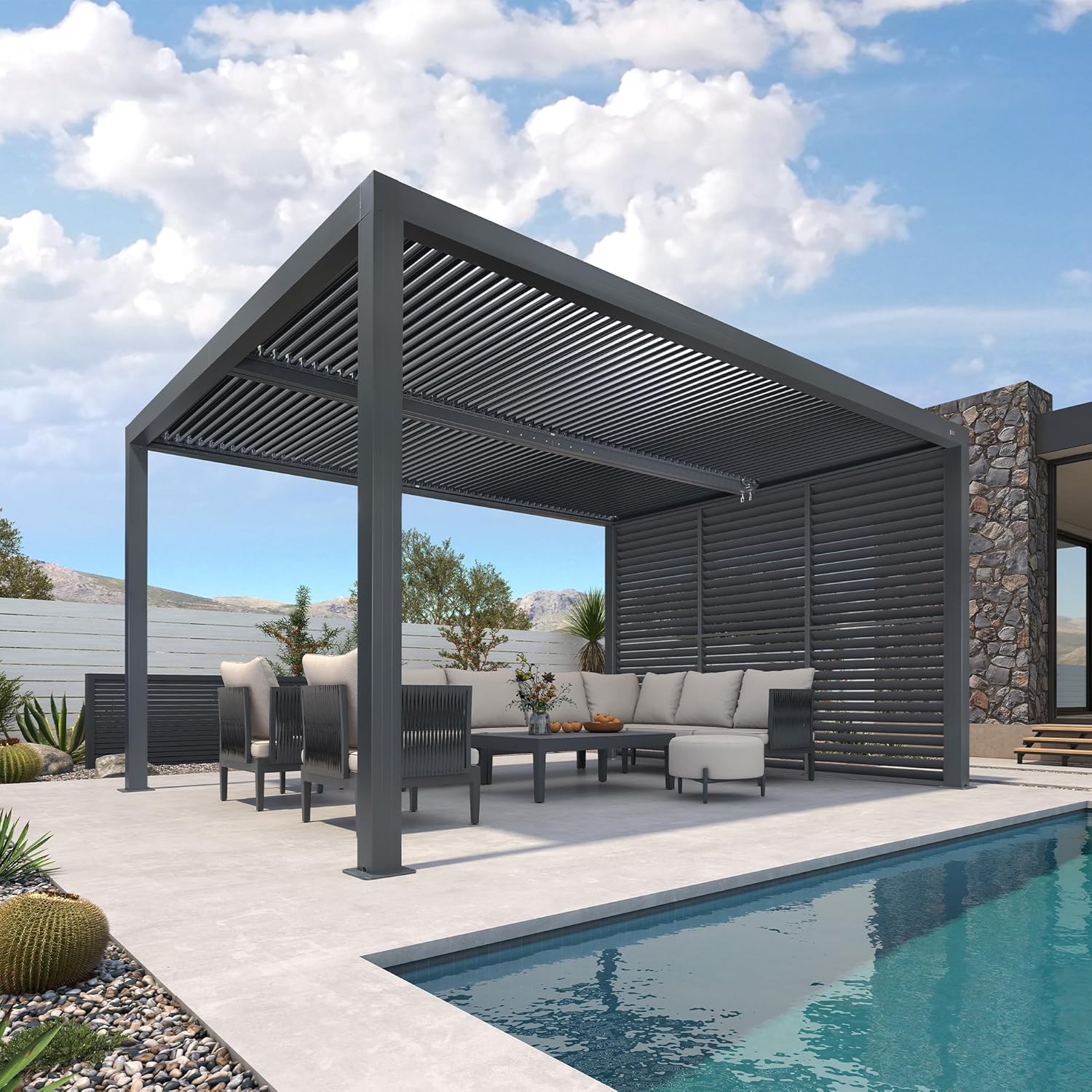 etevert - Pergola bioclimatique 4,6x3,3 m, alu, persiennes fixes