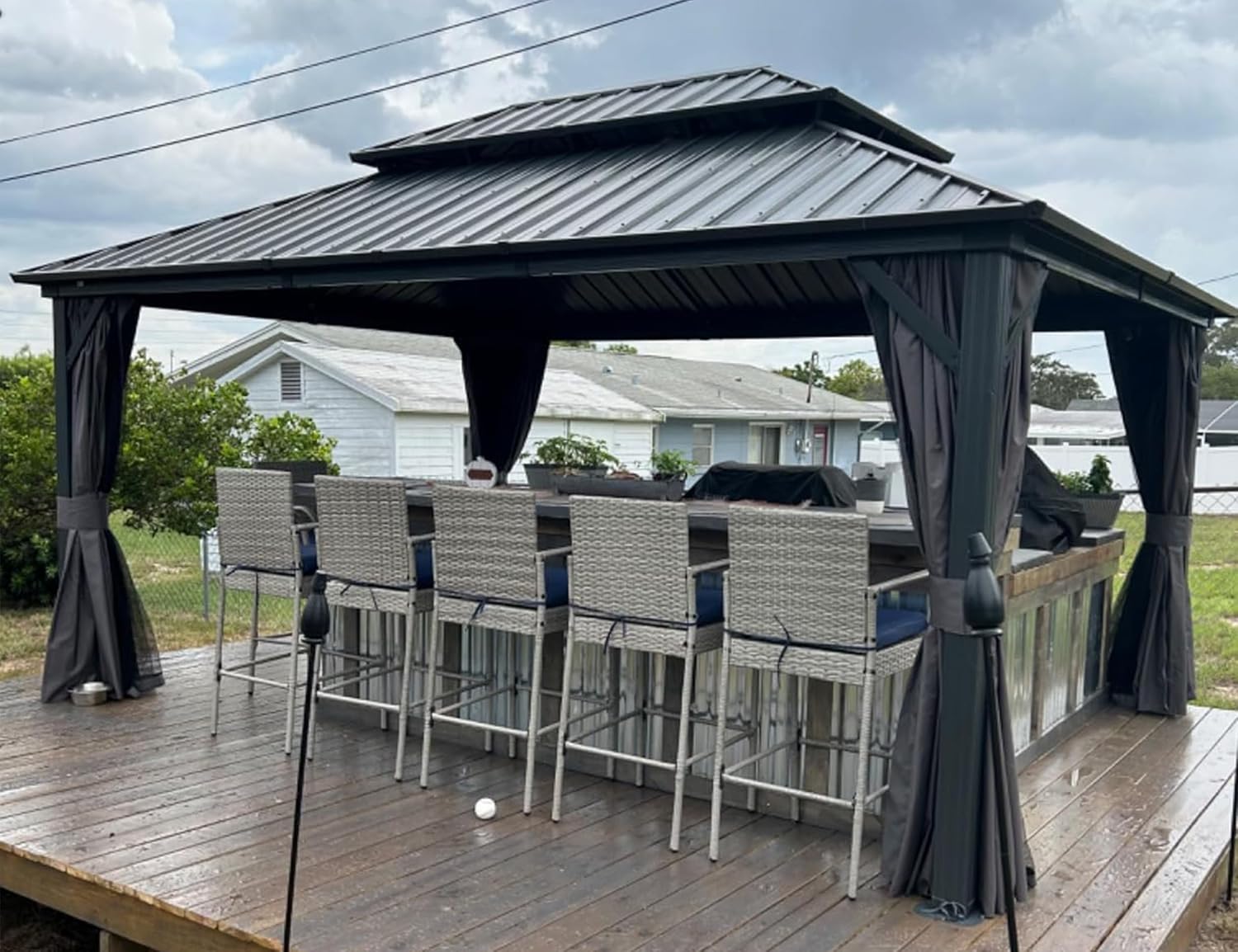 etevert - pergola série double toit - 4,85x3,65 m - alu acier, rideaux, moustiquaire