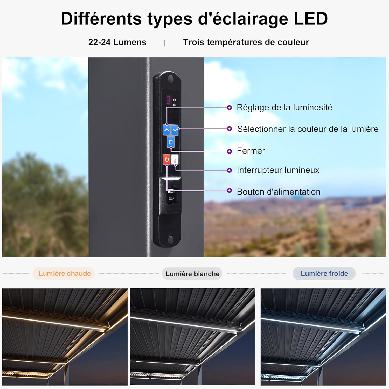 etevert - Pergola bioclimatique - 3,5x8,5m - aluminium, lames LED, étanche
