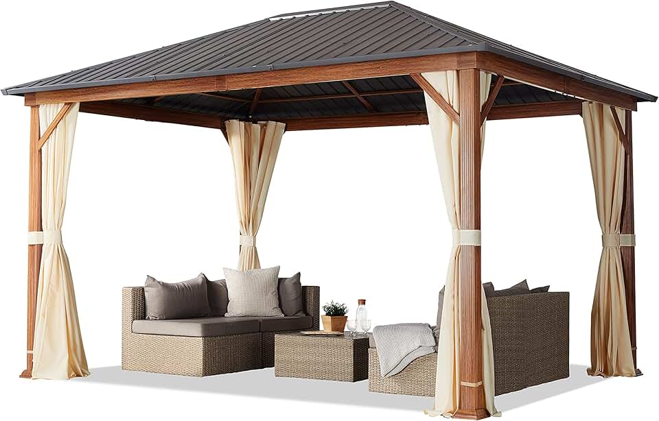 etevert - tonnelle de jardin série aspect bois 3x4m toit acier, 4 parois, champagne