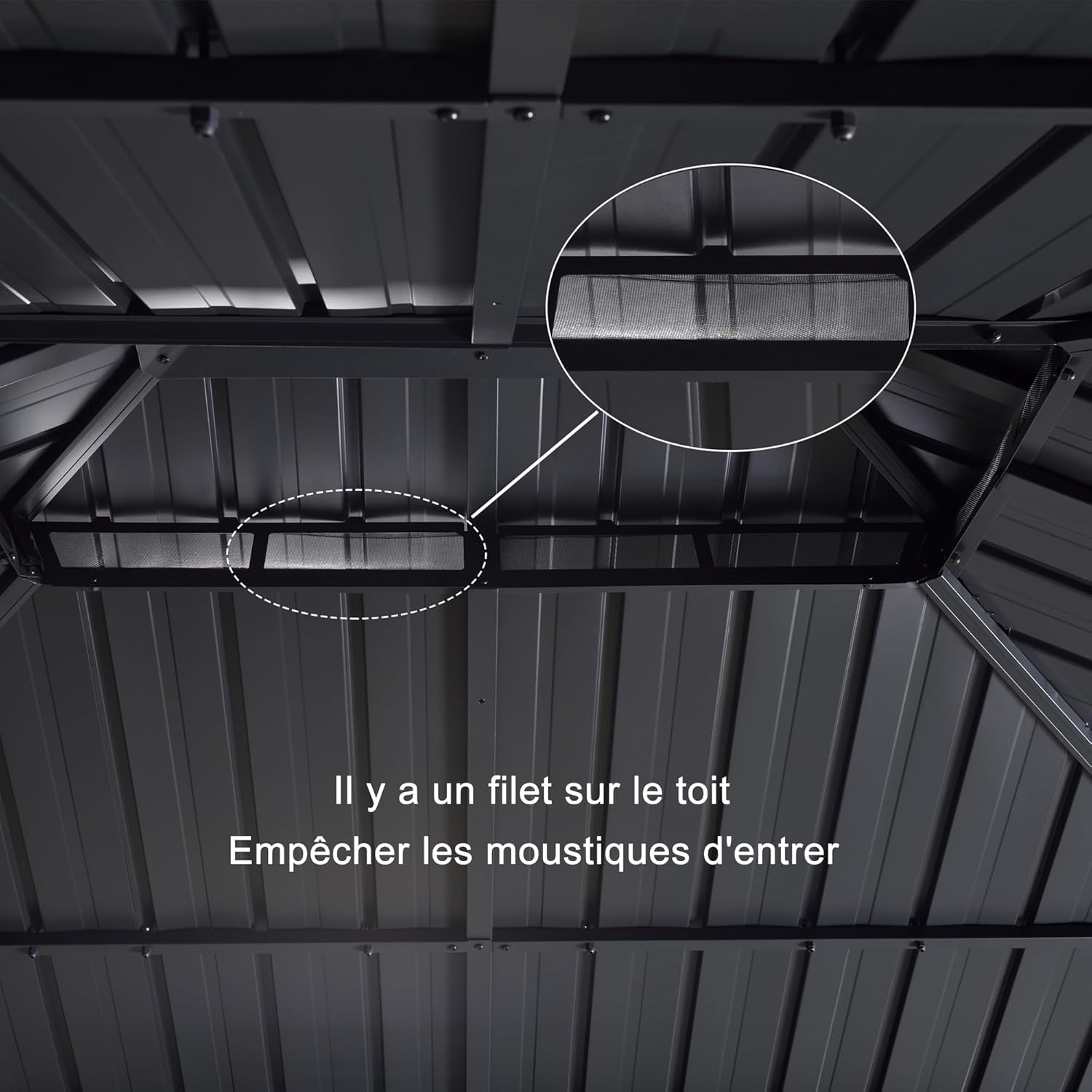 etevert - tonnelle aluminium série - 4,85x3,65m - éclairage intégré, rideaux moustiquaires, gouttière, gris