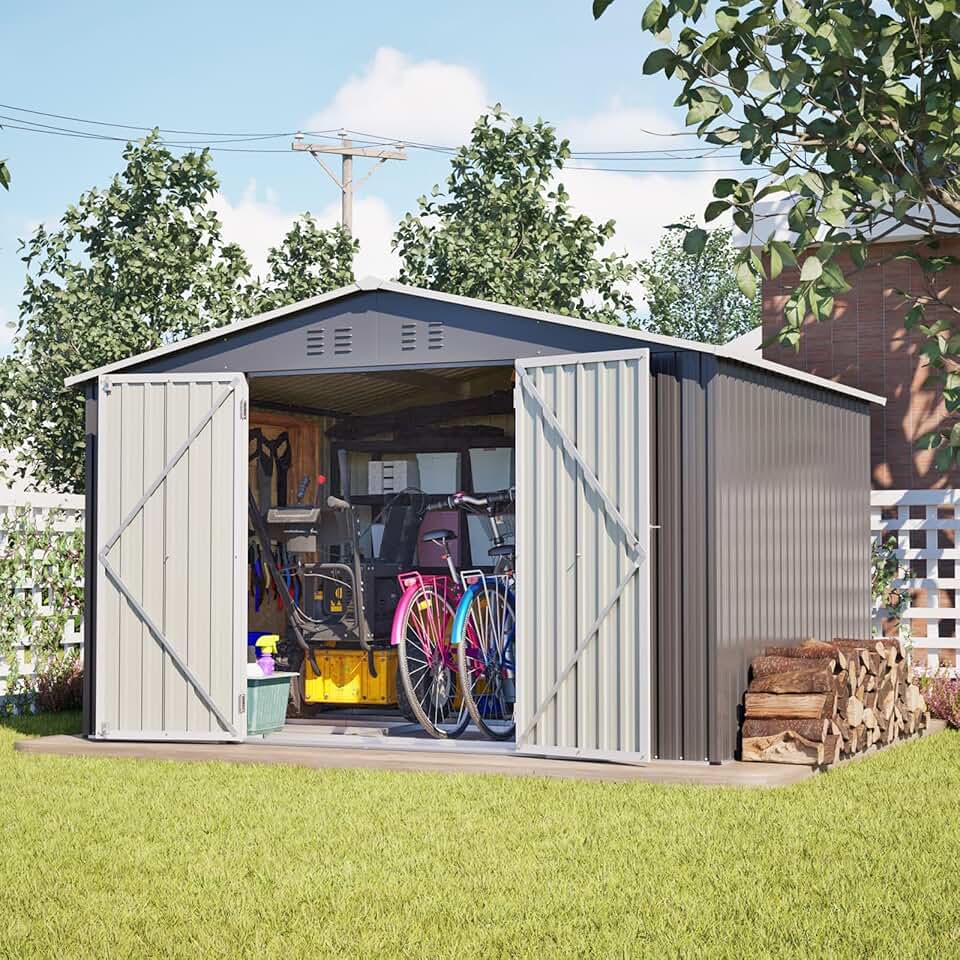 etevert 10x8 FT Abri de Jardin Métal avec Fondations en métal, Cabane de Jardin Extérieur avec Serrure, Rangement Outils de Jardi (Gris-10x8 FT)