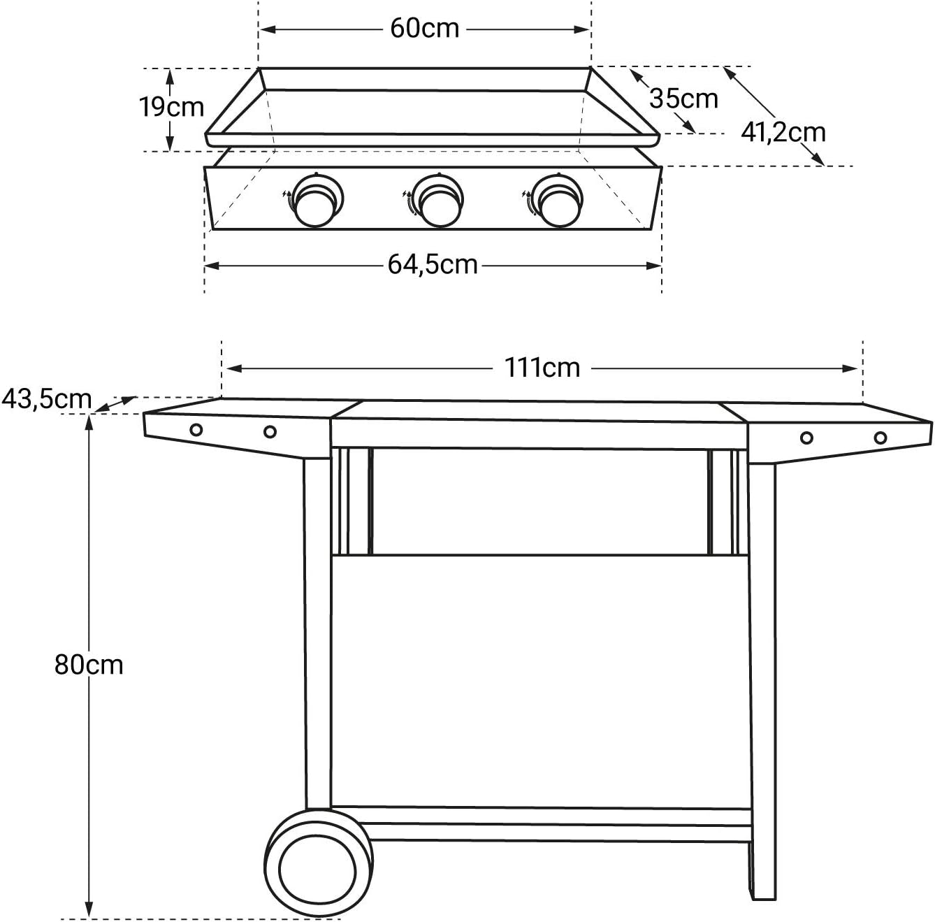 etevert - Plancha Mérida sur chariot 3 brûleurs 6kW 74x33 cm