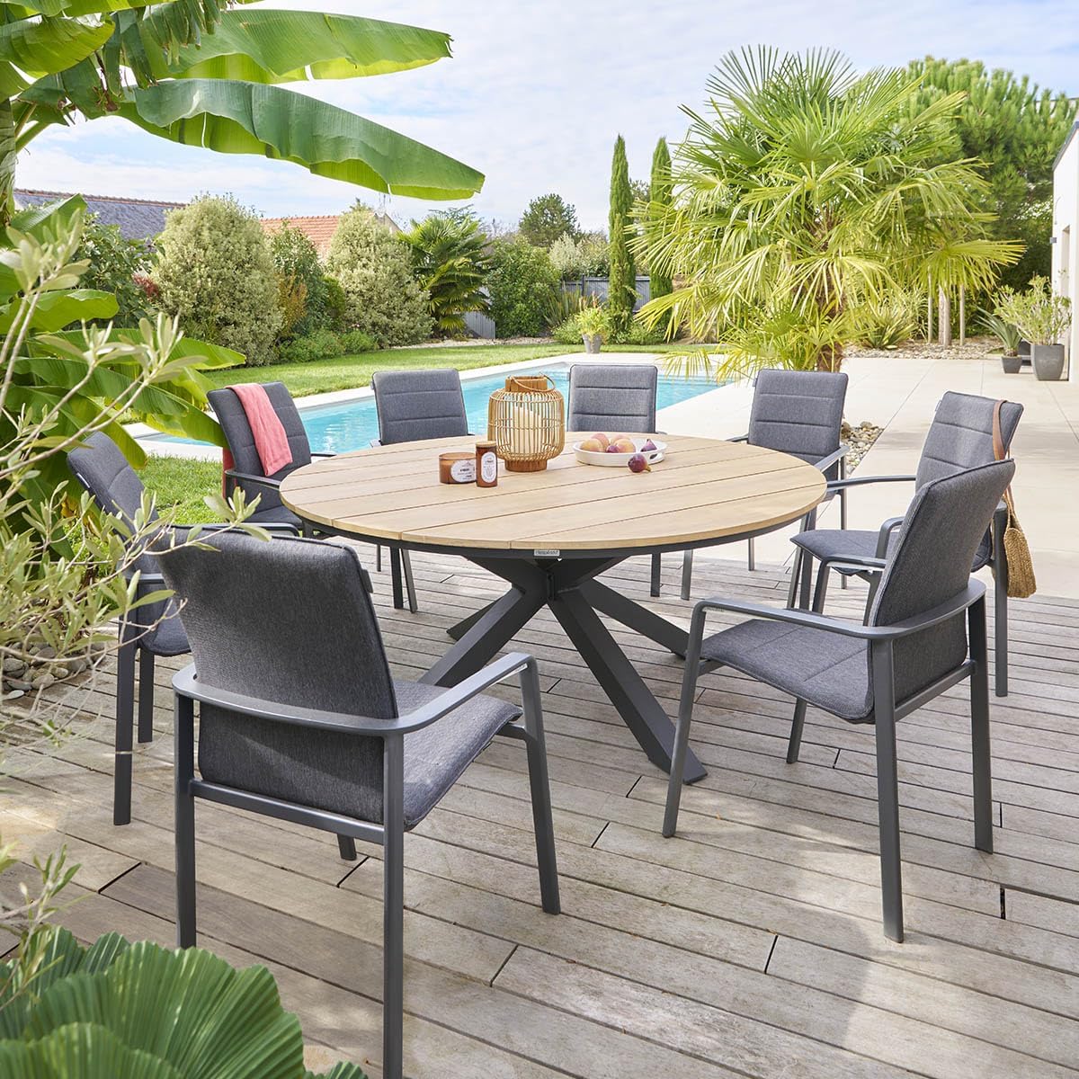 etevert - Oriengo table ronde 8 places - aluminium acacia - Gris Graphite
