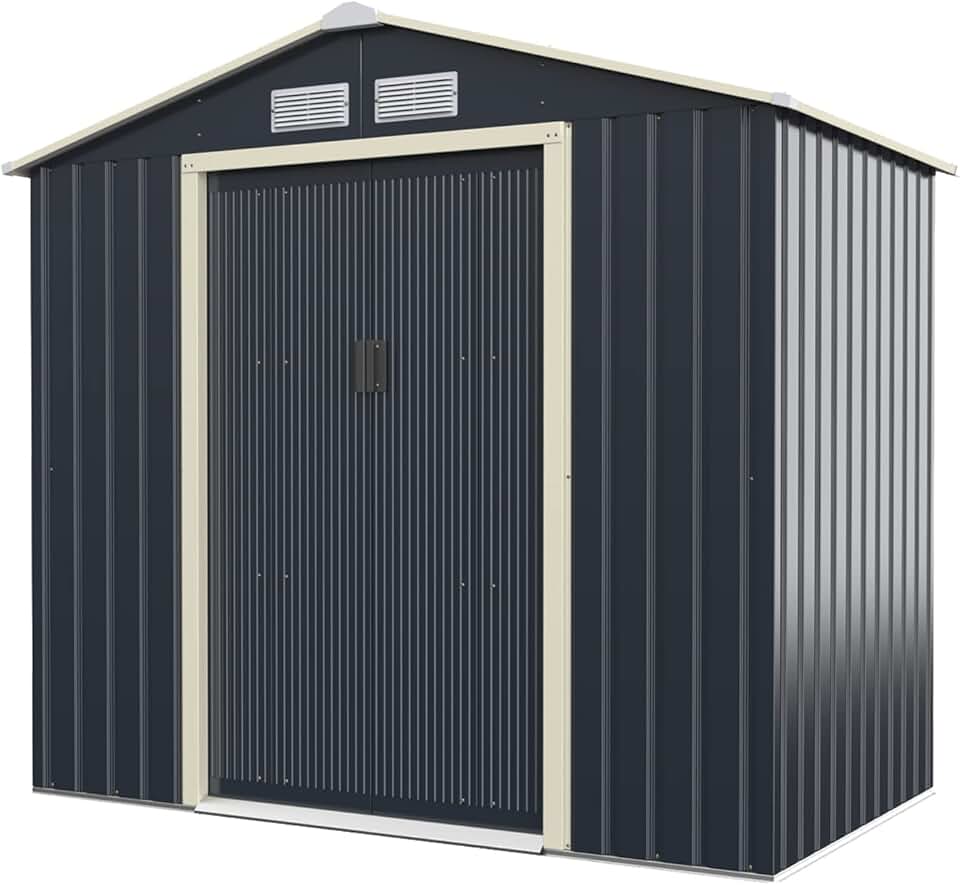 etevert 2,37㎡ Abri de Jardin Métal Galvanisé, Cabine de Jardin Extérieur Portes Coulissantes, Résistant aux Intempérie, 4,63m³, Cabane de Rangement à Outils, 213 x 127 x 195 cm, Gris
