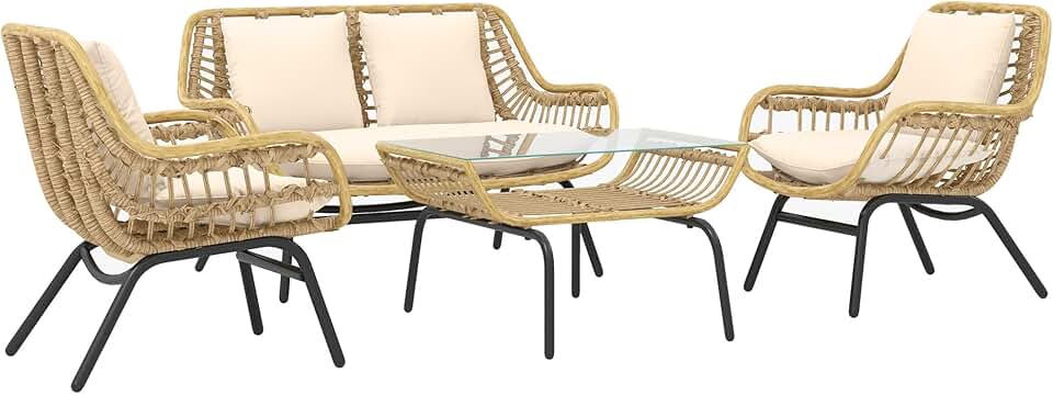 etevert - Salon de jardin exotique 4 places, métal/résine, coussins confort, beige