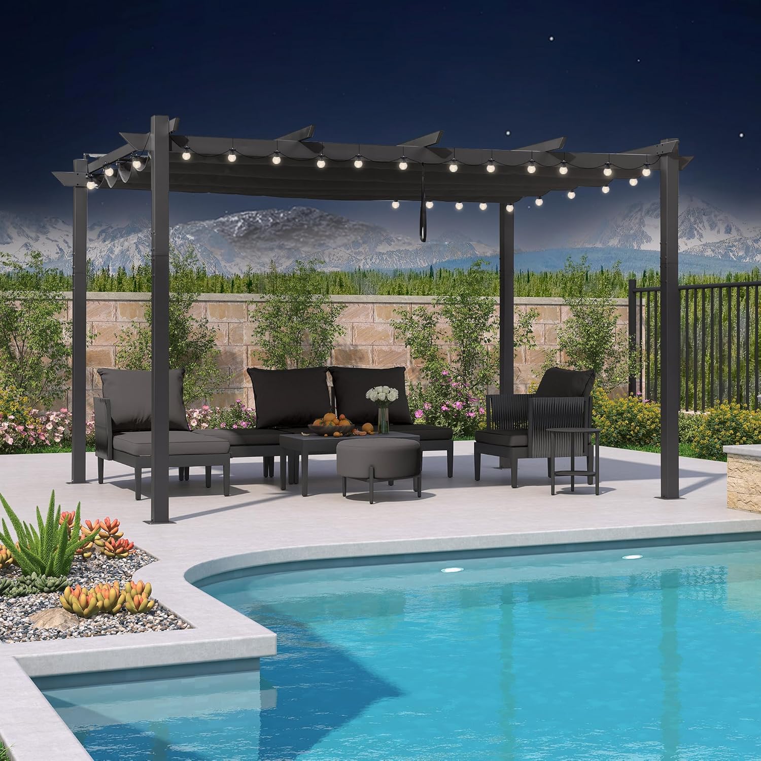 etevert – pergola aluminium – 4x3m – toit rétractable, éclairage intégré