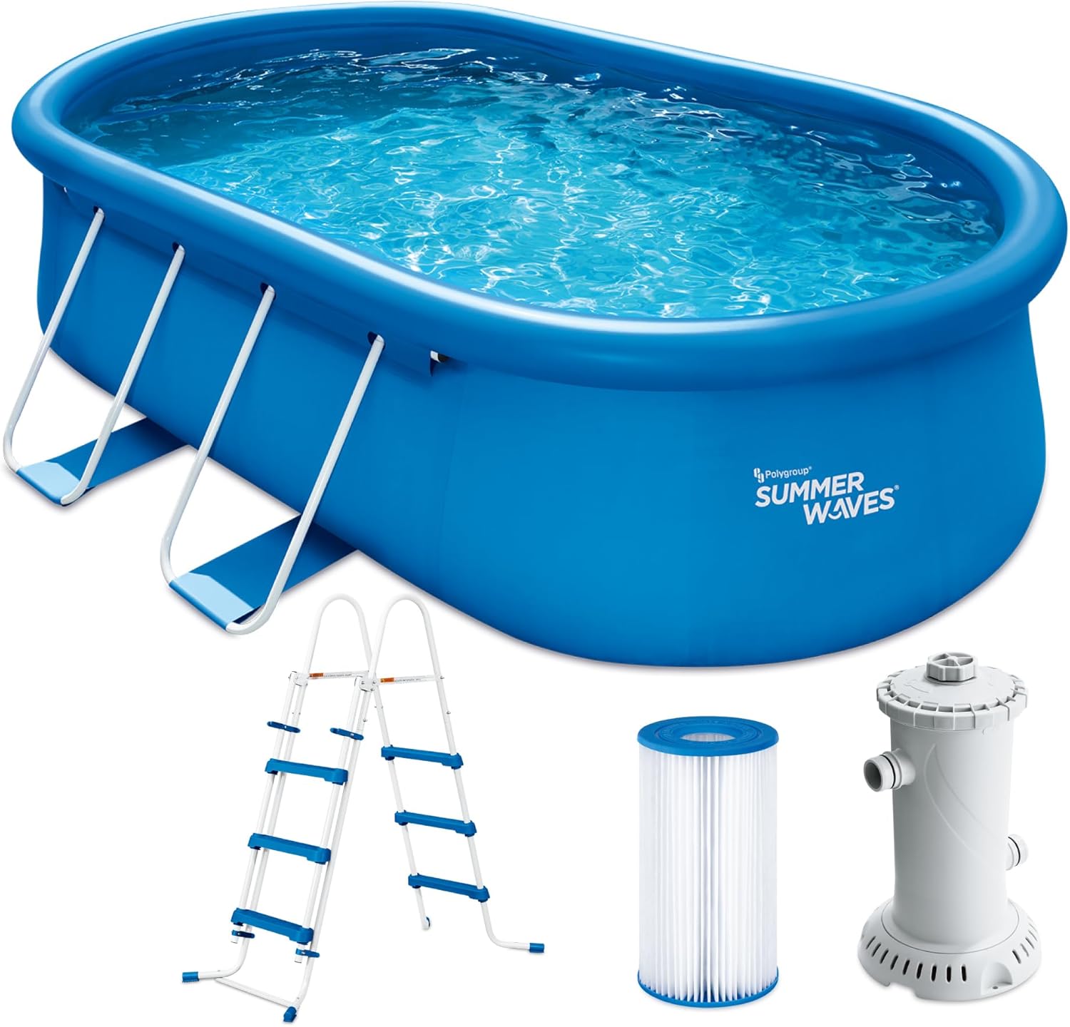 etevert Quick Up Kit complet de piscine - Ovale - 457 x 305 x 107 cm - Bleu - Piscine hors-sol et piscine avec pompe à filtre, échelle, tapis de sol et bâche