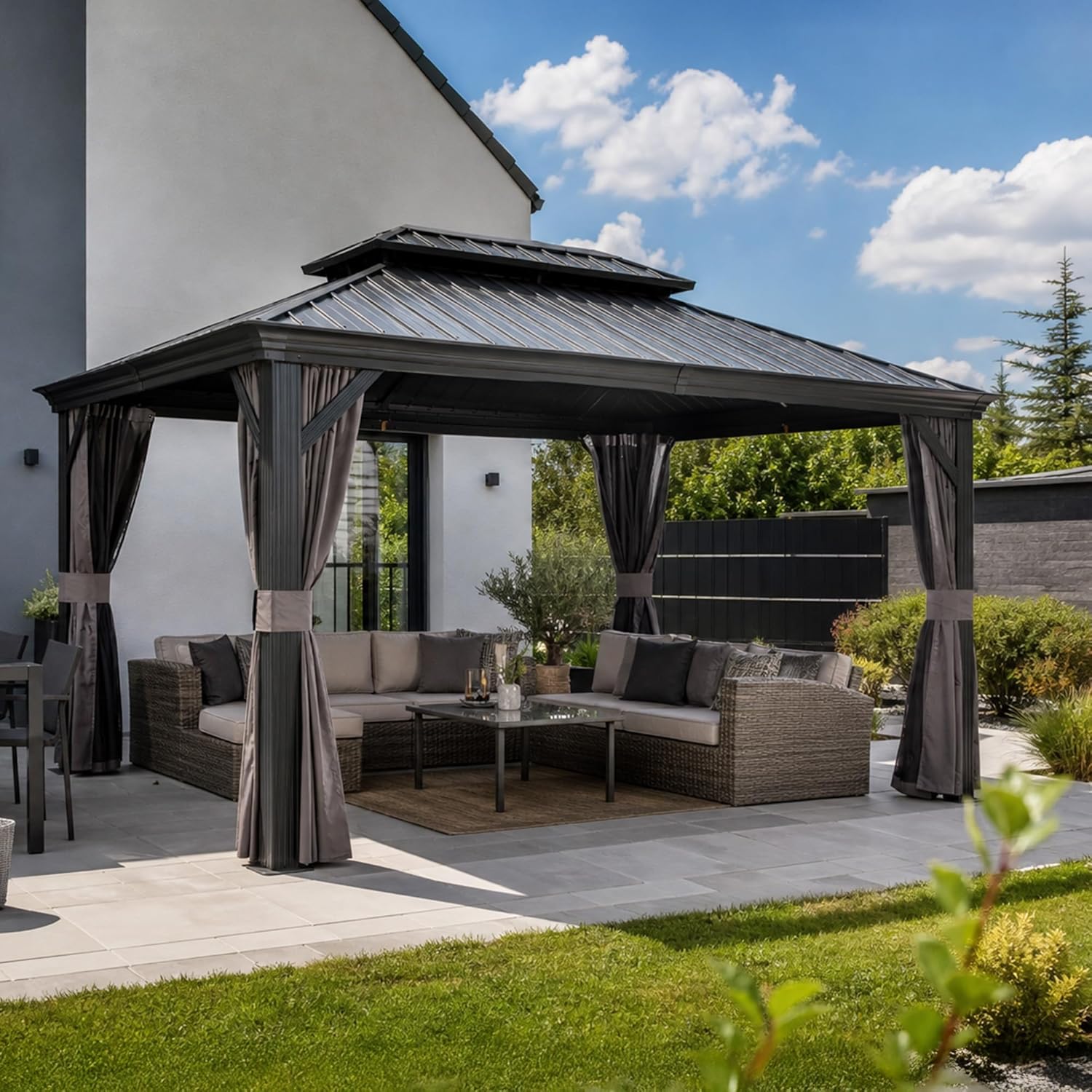 etevert - Tonnelle Jardin 4,25x3 m - acier galvanisé, rideaux épais, gouttière