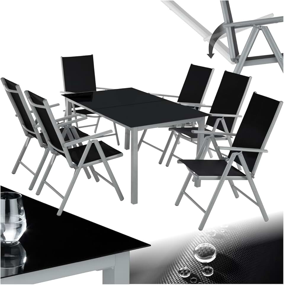 etevert - salon de jardin aluminium 6 chaises pliables, table, entretien facile