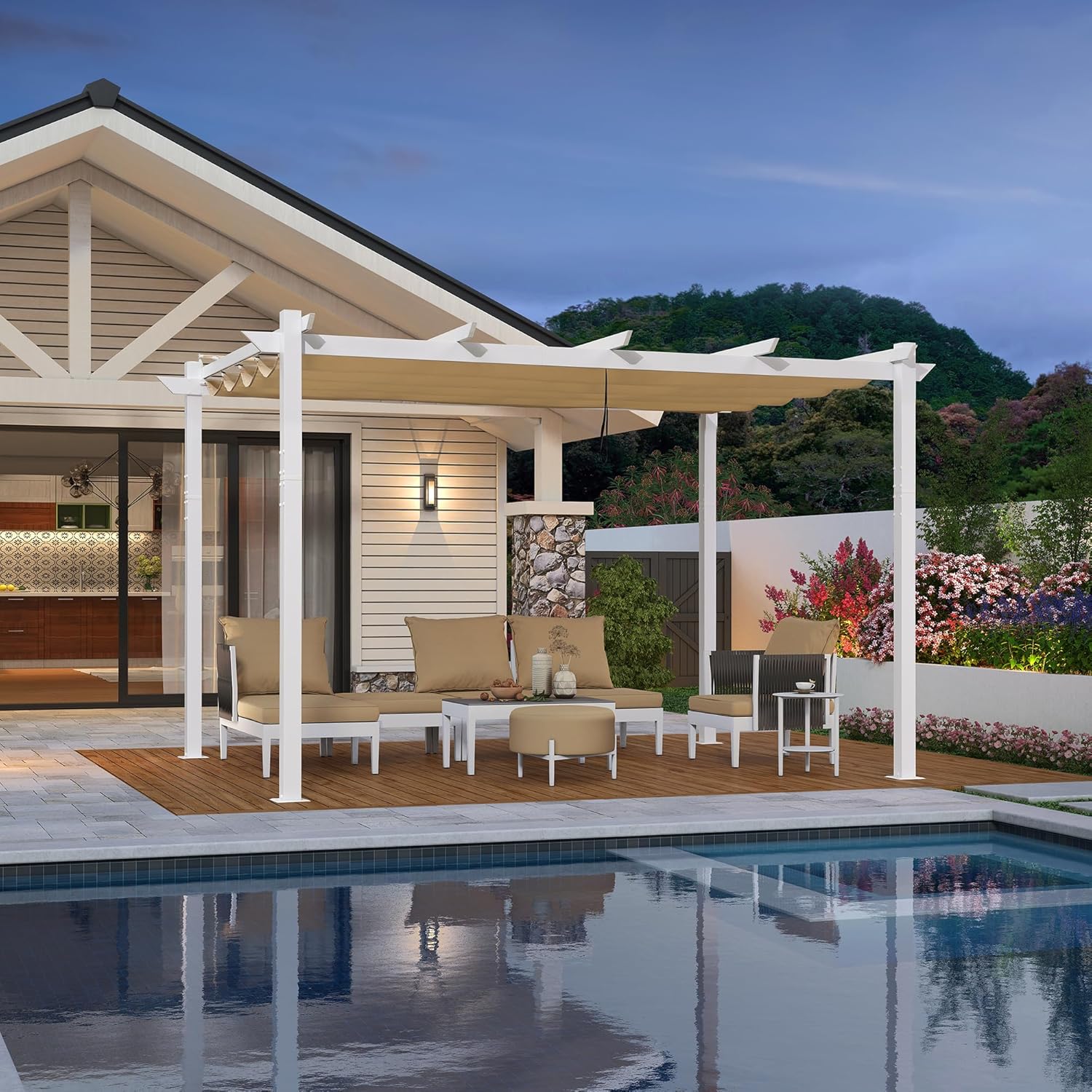 etevert - Pergola aluminium série - 4x3m - toile rétractable, autoportante, imperméable, kaki