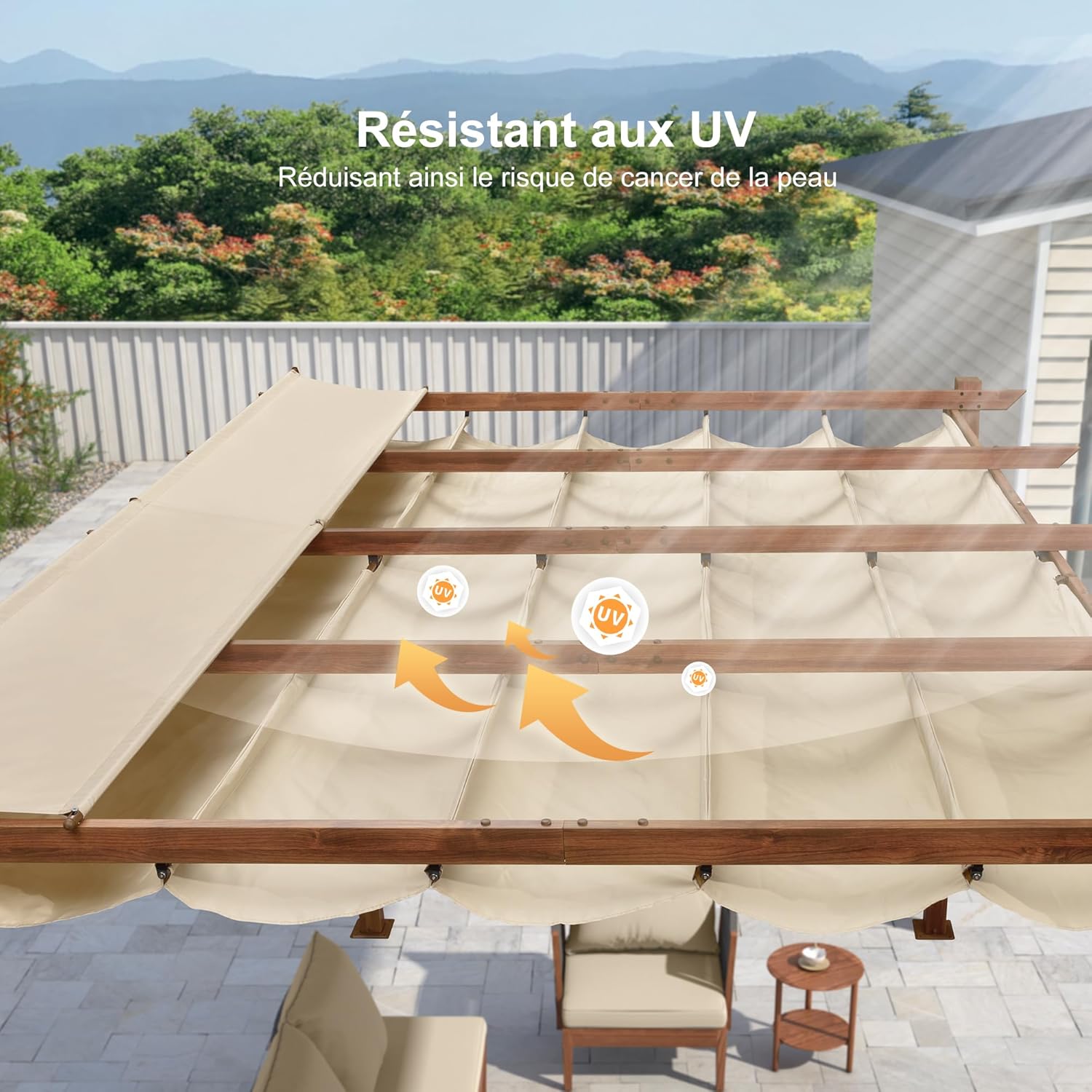 etevert - pergola aluminium 4x3m teck, toile rétractable, kaki