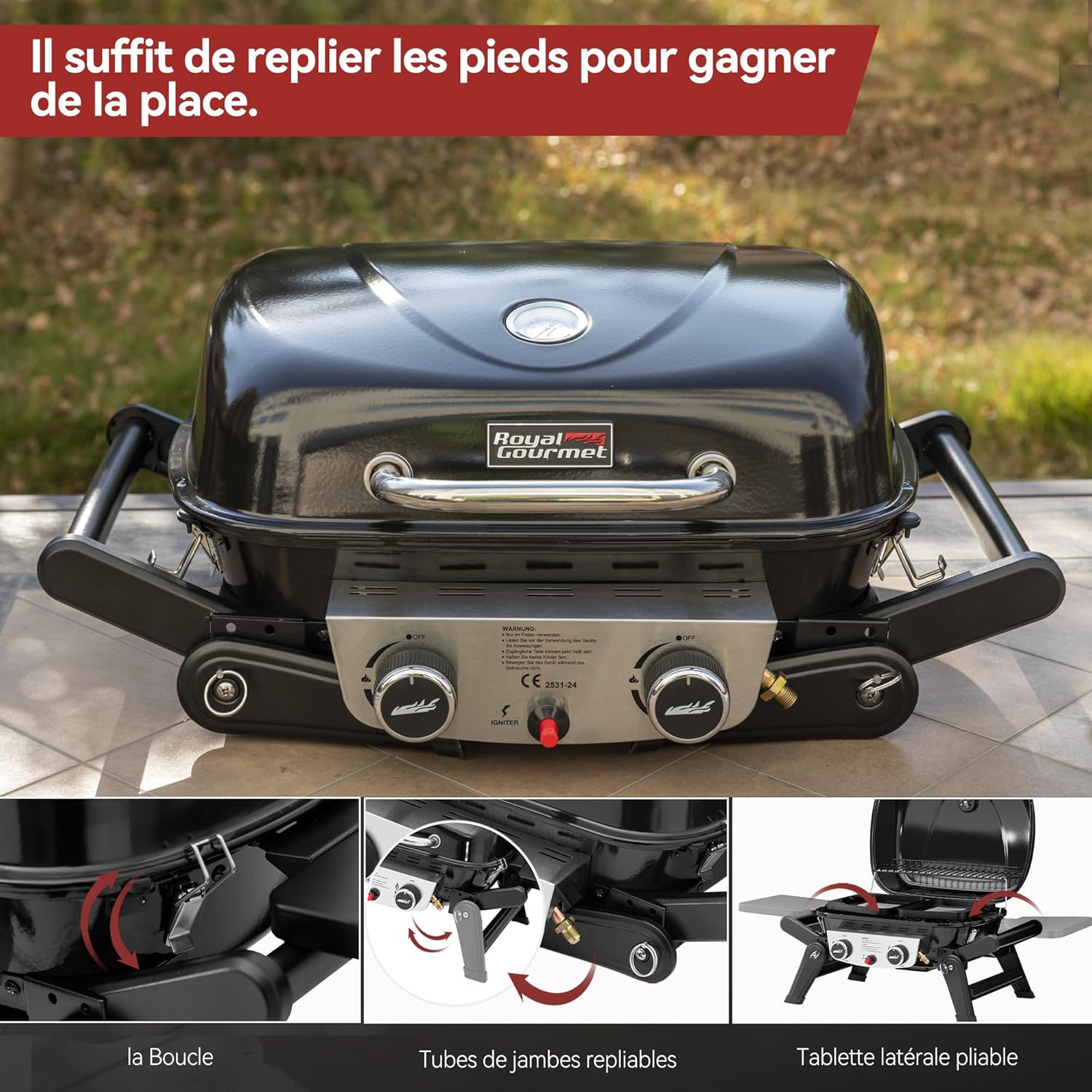 etevert - Barbecue Gaz 2 brûleurs - 48x37 cm - tables pliables, 5kW