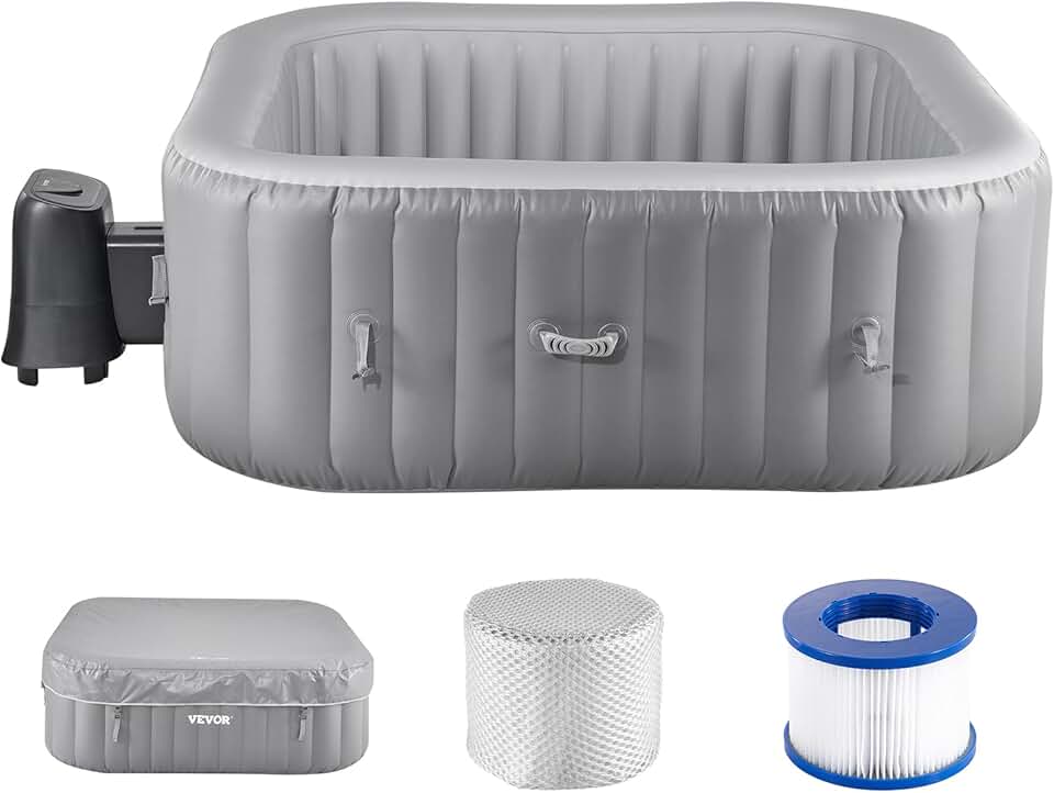etevert Spa Gonflable Carré Capacité 4-6 Personnes, Bains à Remous d’Extérieur Portable 185x66 cm, avec 130 Jets Apaisants, Filtre, Couverture et Tapis, en PVC, Panneau de Commande Multifonction, Gris