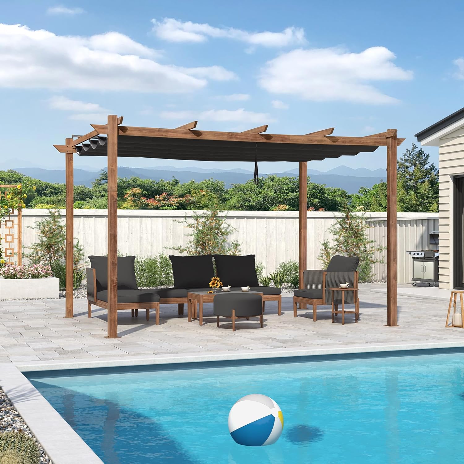 etevert - Pergola aluminium - 4x3m - toile rétractable, teck, imperméable