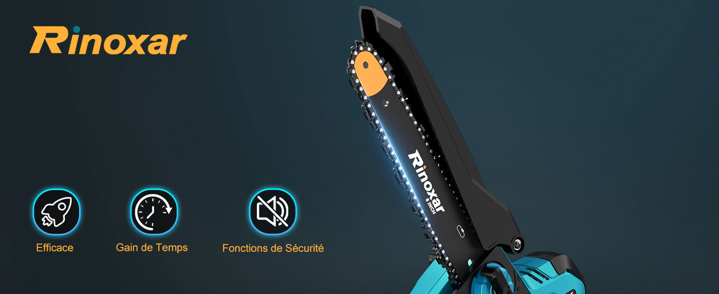 de marque etevert au design noir et bleu, avec trois icônes de caractéristiques affichées ci-dessous indiquant les fonctions silencieuses, permettant de gagner du temps