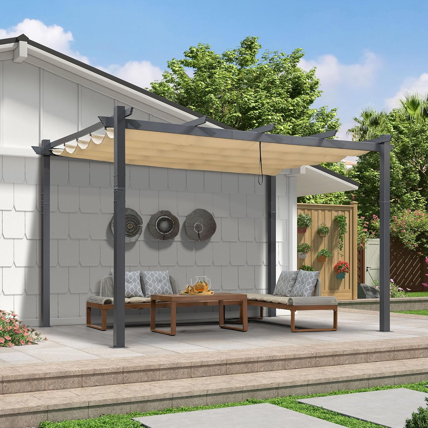 etevert - Pergola murale - 4 x 2,7 m - toit coulissant alu, tissu kaki