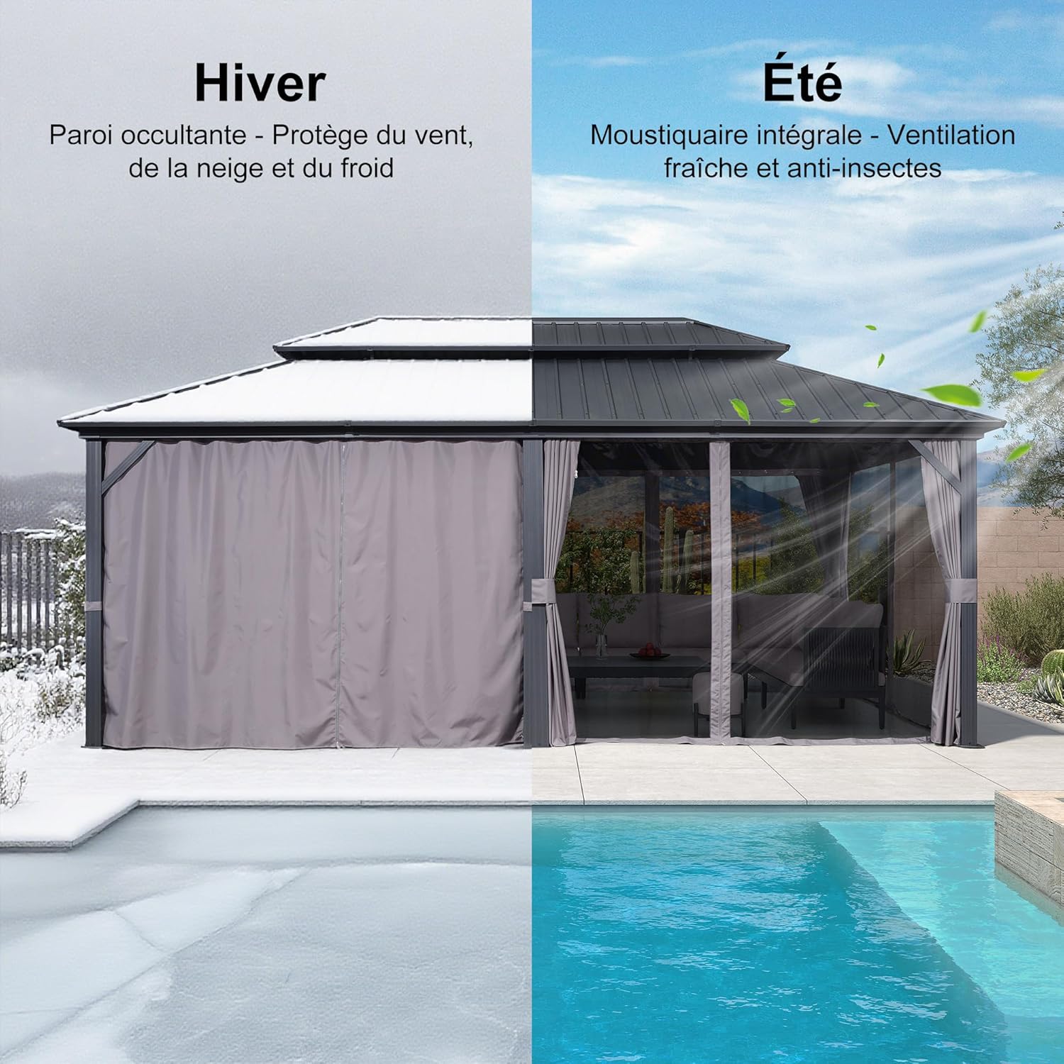 etevert - Tonnelle double toit rigide, 6 x 3,65 m, moustiquaire, aluminium, gris