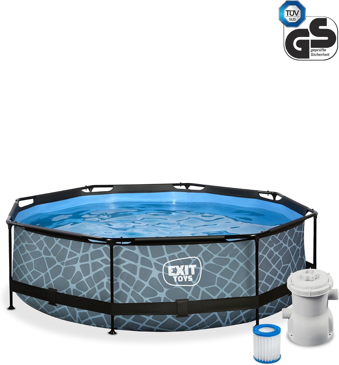 etevert Piscine Tubulaire Stone - ø300x76cm - Piscine Hors Sol Ronde avec Pompe Filtrante à Cartouche - Entrée Basse - Idéal pour Les Jeunes Enfants - Cadre Stable - Design Unique - Gris