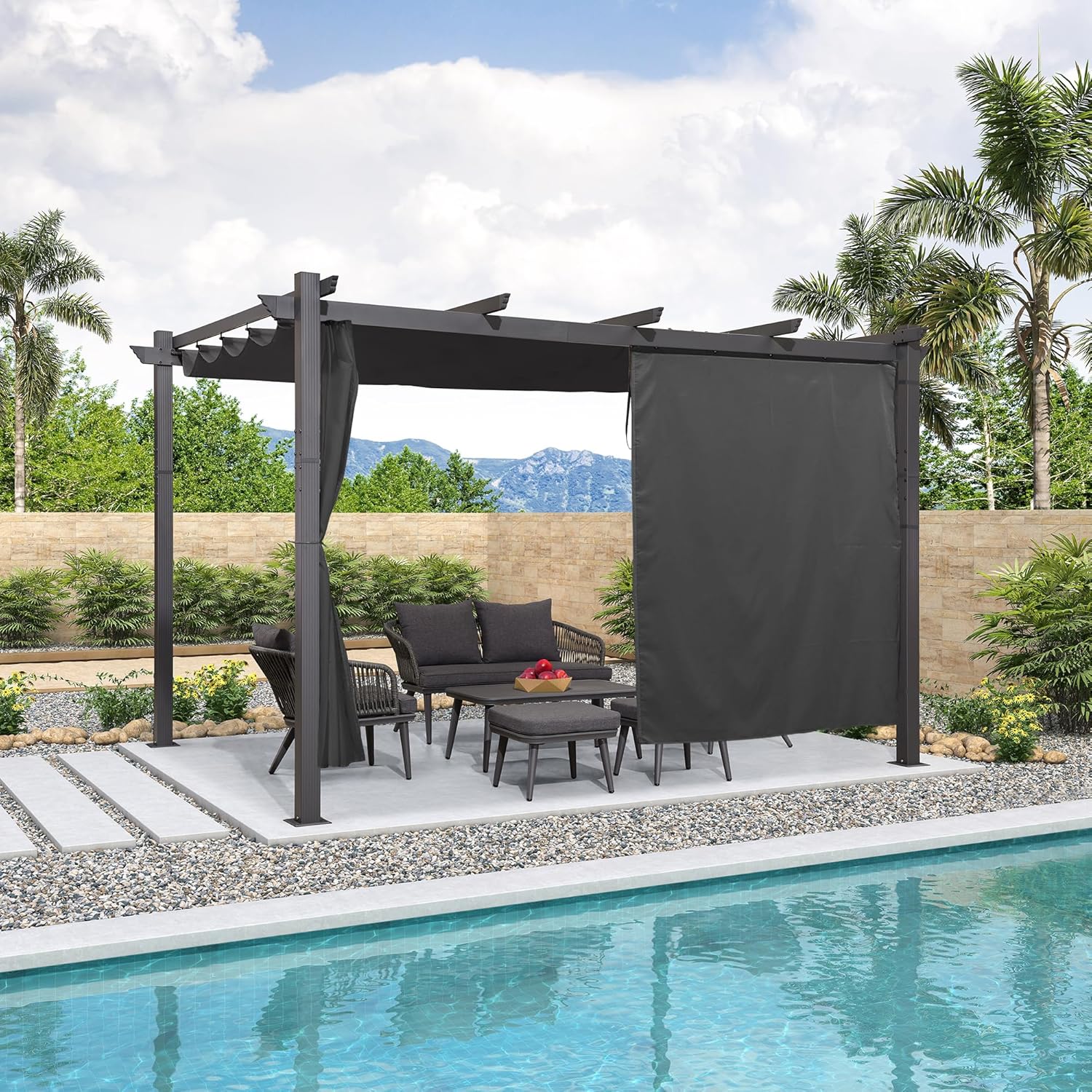 etevert - pergola aluminium série 4x3m rideau toit coulissant gris