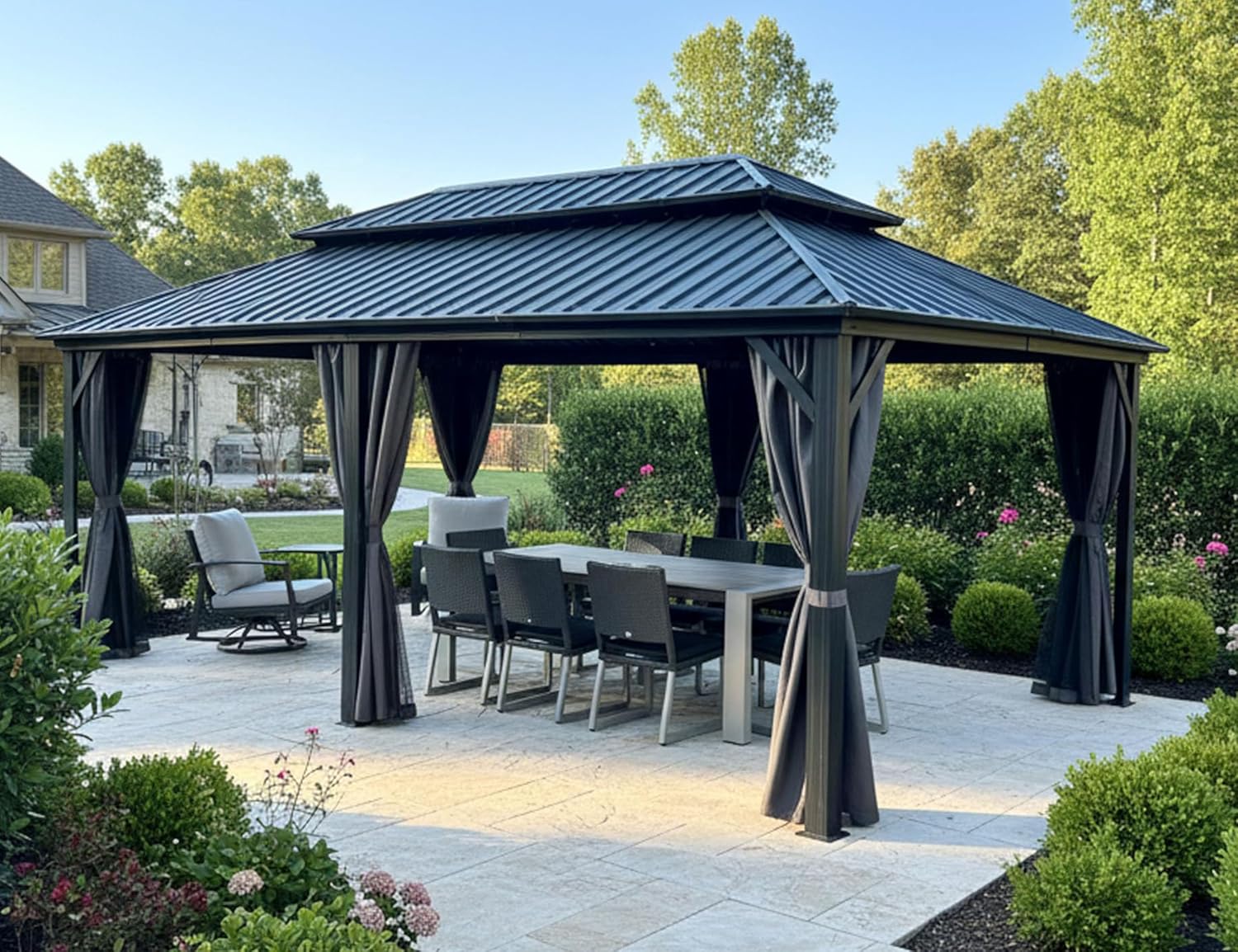 etevert - Tonnelle double toit rigide, 6 x 3,65 m, moustiquaire, aluminium, gris