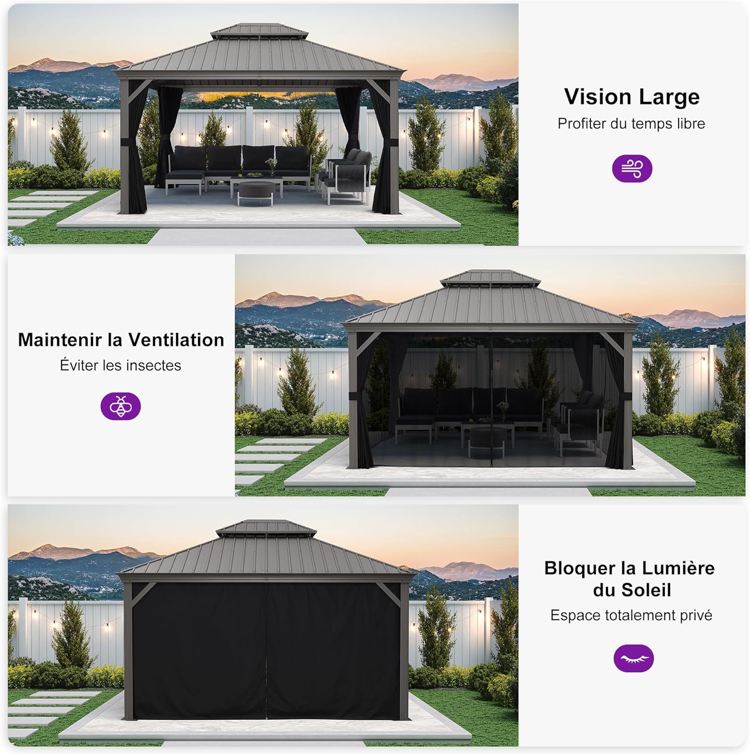 etevert - tonnelle jardin double toit alu - 3,65x4,25m rideaux moustiquaire guirlande solaire