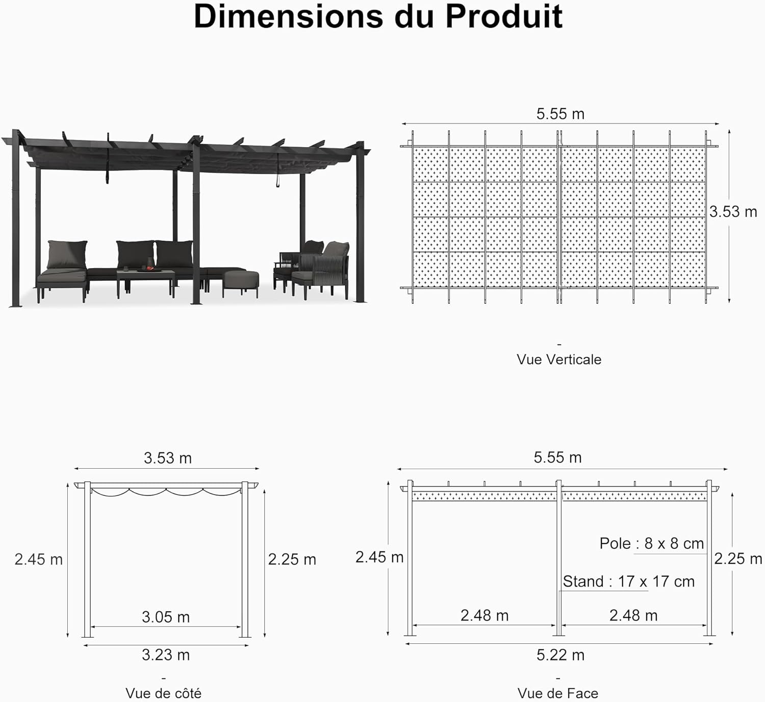 etevert - Pergola Aluminium 5.5 x 3.5 m - Éclairage LED intégré, toit rétractable, tissu teinté, structure résistant
