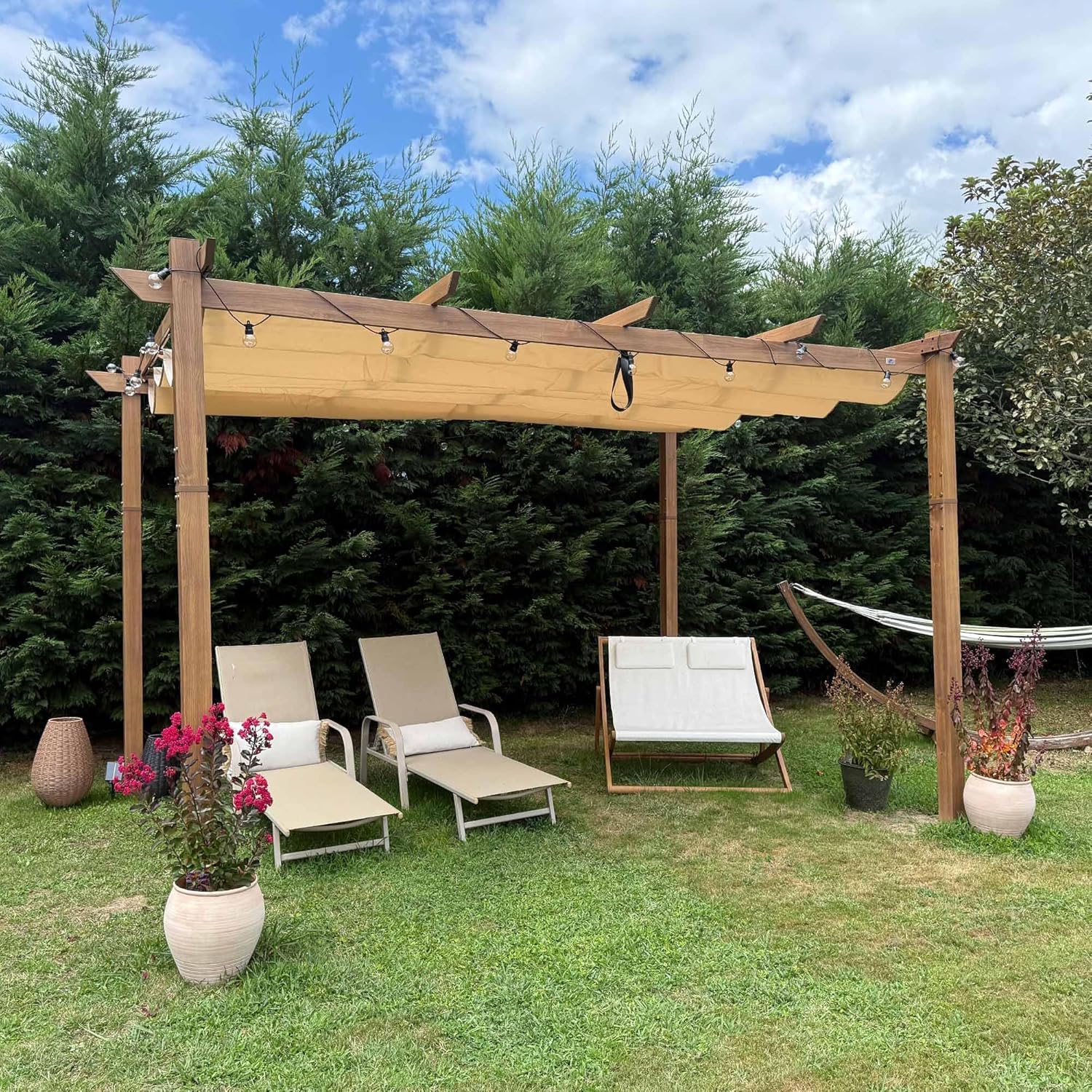 etevert - Pergola aluminium 4x3m, toit rétractable, éclairage intégré, finition teck, kaki