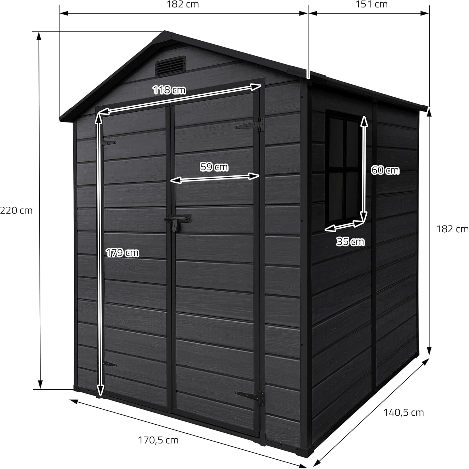 etevert - Abri de jardin résine 151x182x220 cm double porte, 5m³, fenêtre, ventilation