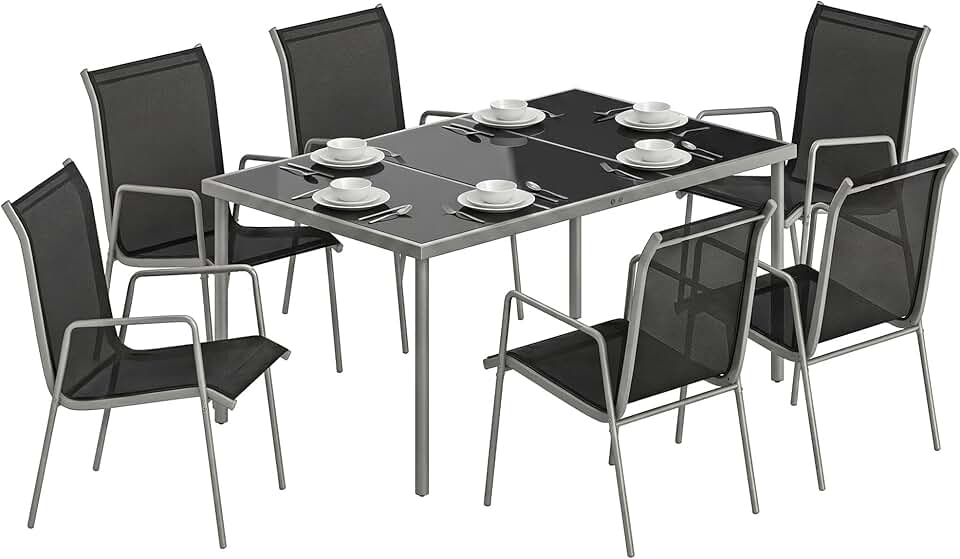 etevert - salon jardin 6 personnes - table verre, chaises empilables, textilène, argent