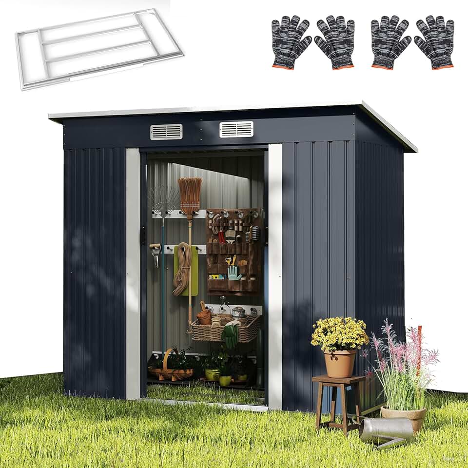 etevert Abri de Jardin en Métal 4m³ avec Toit Incliné, Porte Coulissante Verrouillable et Aérations, Cabane à Outils Extérieur pour Jardin, Cour, Pelouse, Patio, 213 x 112 x 186 CM