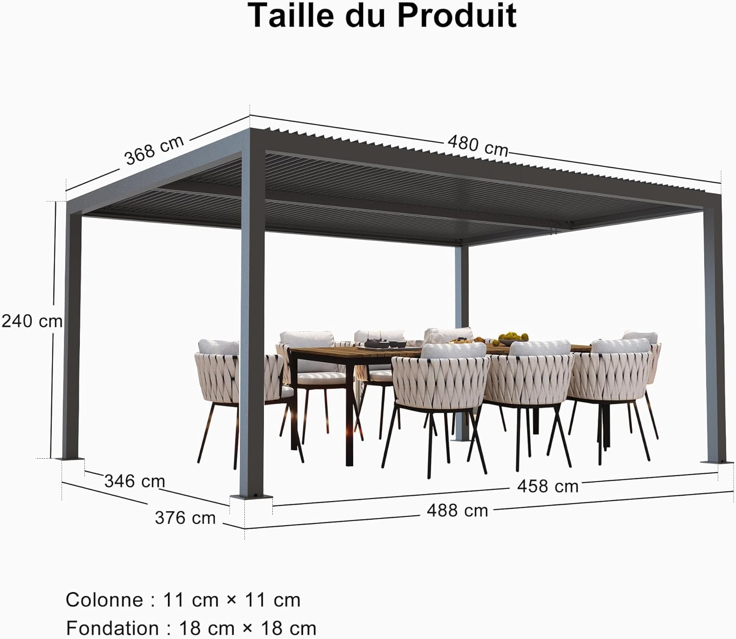 etevert - pergola bioclimatique - 4,8x3,68m - aluminium, stores, lames orientables
