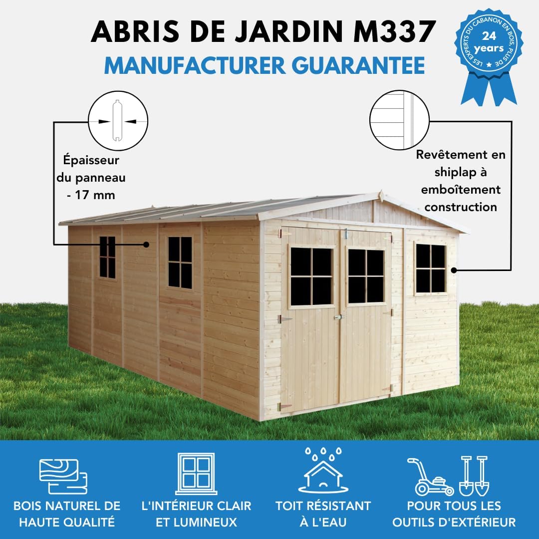 Abri de Jardin en Bois Naturel - Stockage extérieur avec fenêtres- H226x324x516 cm/15 m² Hangar en Bois Naturel - Atelier Rangement Outils et vélos- etevert M337