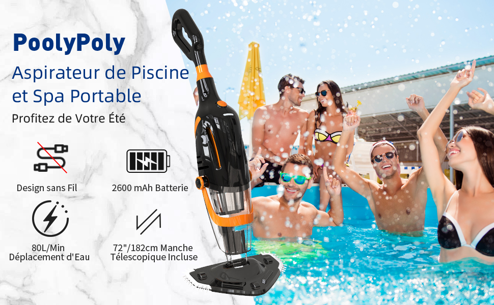 Le texte indique « etevert Aspirateur de piscine et spa portable » montrant un aspirateur de piscine avec des spécifications, notamment une batterie de 2 000 mAh et des démonstrations d'utilisation dans les paramètres de la piscine.
