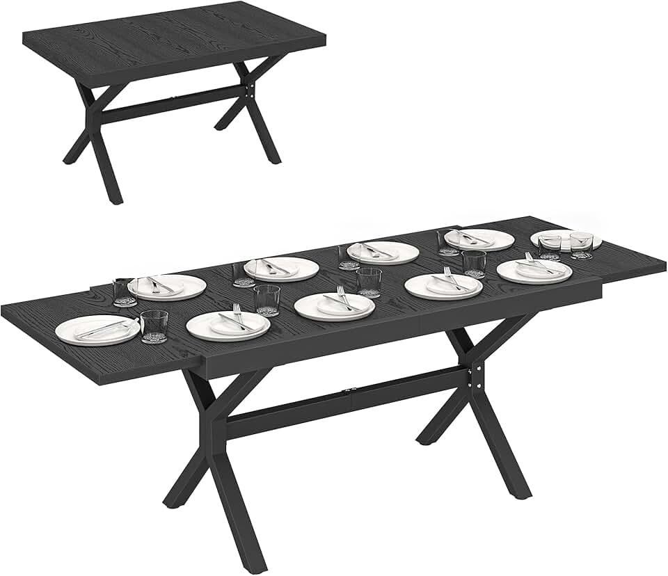 etevert - Table Extensible Jardin - 154-214 cm - Alu effet bois, 8-10 pers, pieds réglables, structure X, gris anthraci