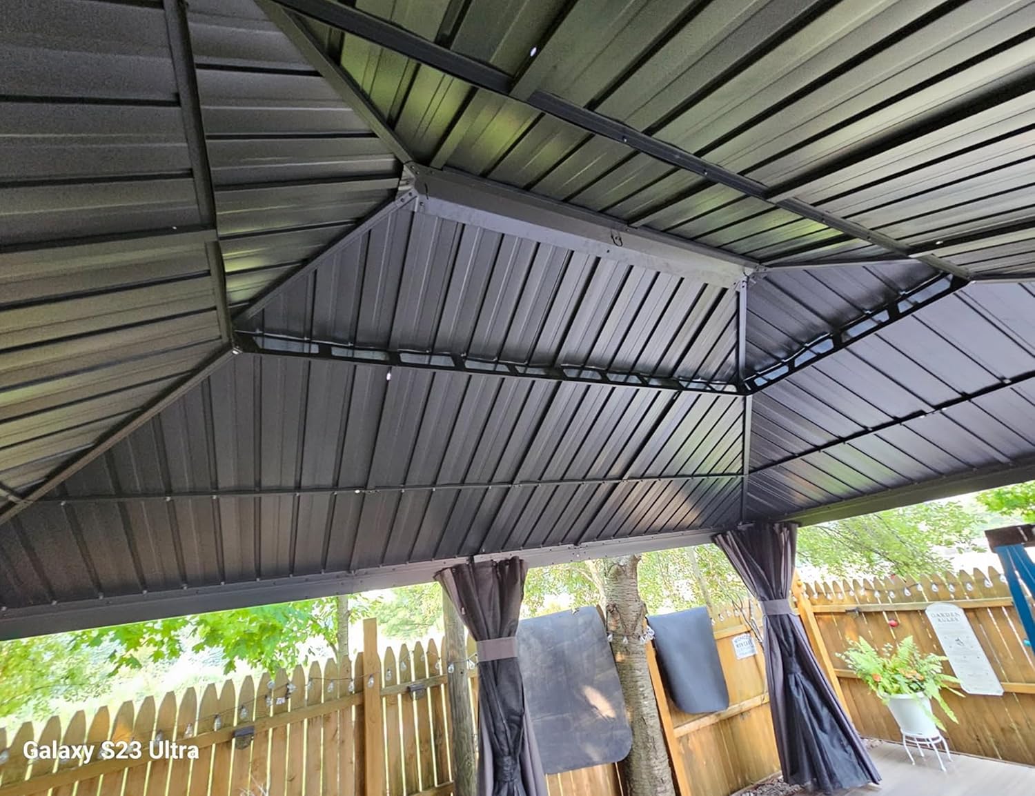 etevert - tonnelle toit double acier, 6x4,25m, moustiquaire, rideaux