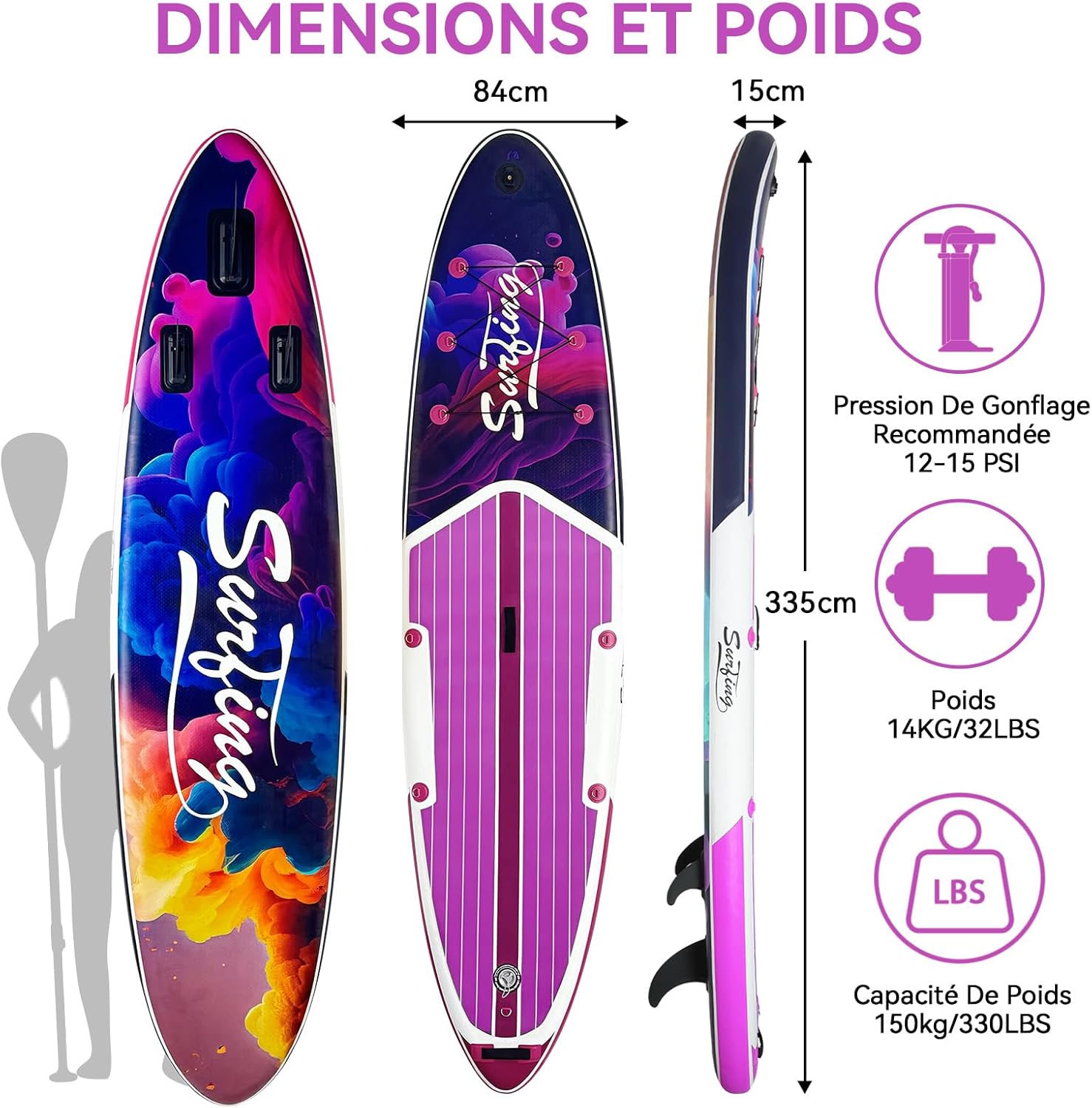 etevert - Paddle gonflable 320/335 cm - 2 places, siège kayak, pagaie, pompe, 150 kg
