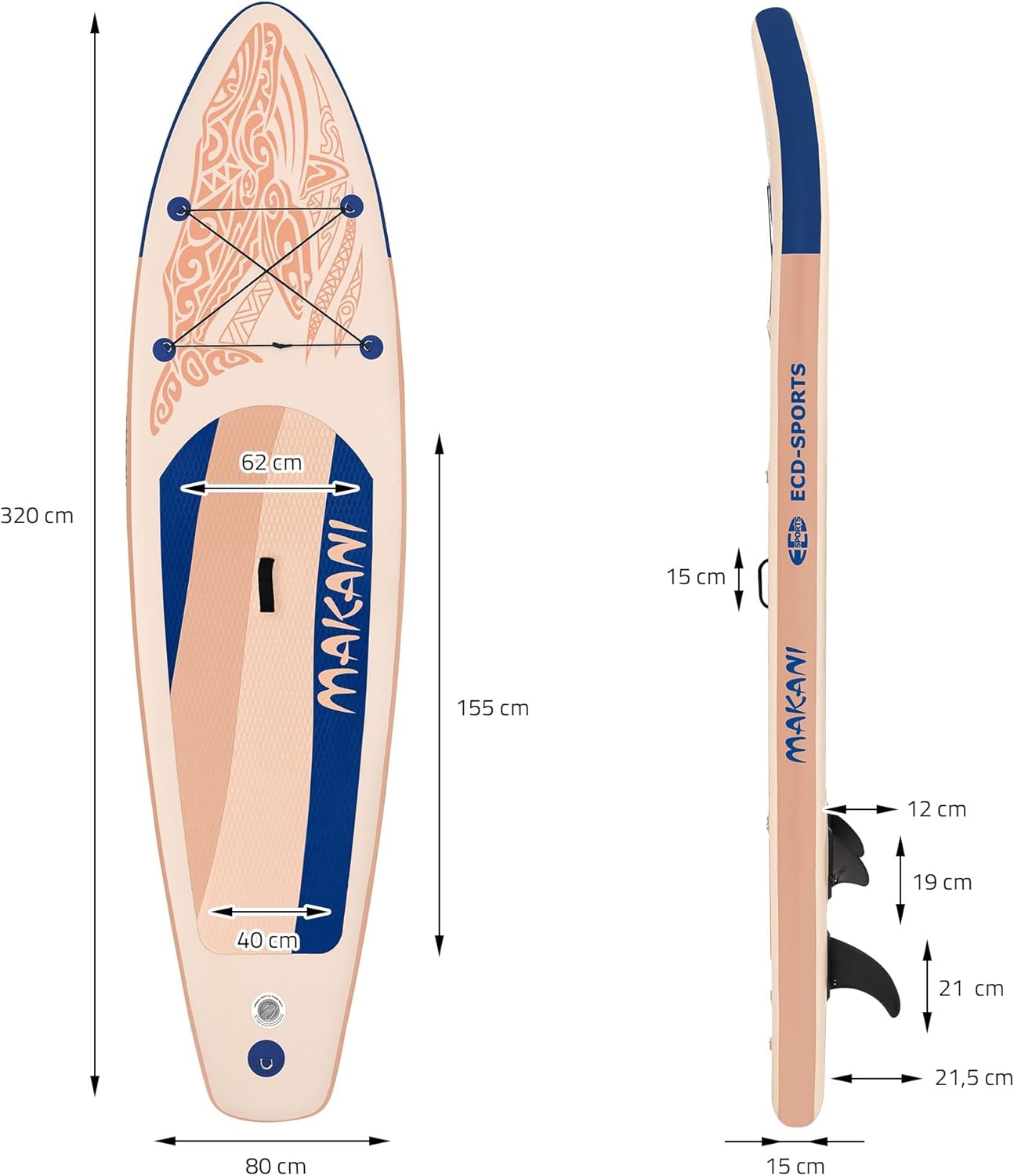etevert Stand Up Surf Paddle Board Gonflable 305/308/320/380 cm | PVC | jusqu'à 120/150 kg | Épaisseur 10/15 cm | Planche de Surf Pagaie Sac de Transport Pompe à Air | Diverses Couleurs Modèles