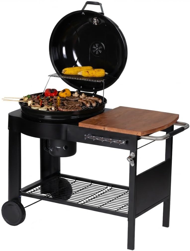 etevert - Barbecue Calgary - acier/bois - couvercle thermomètre, tablettes, 2 roues, noir