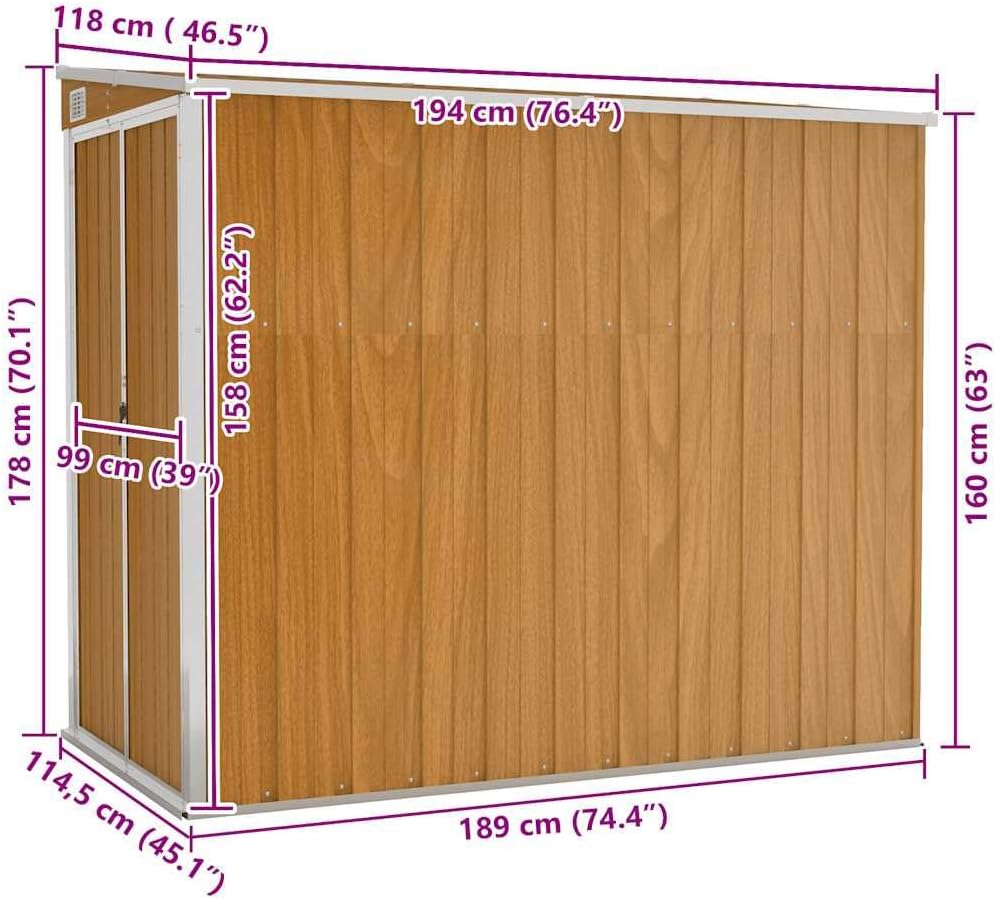 etevert Abri de Jardin Mural Marron 118x194x178 cm Acier galvanisé,Structures extérieures, Cabanes & abris de Jardin,316224