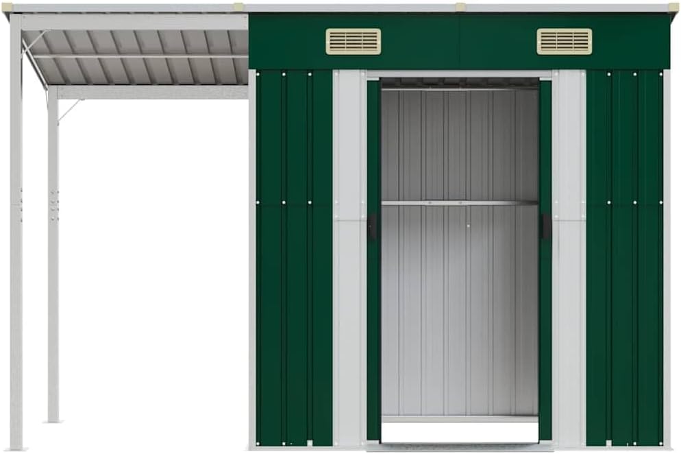 etevert Abri de Jardin avec Toit prolongé Vert 277x107x181 cm Acier, Maison & Jardin, Pelouses & Jardins, Vie en extérieur, Structures extérieures, Cabanes & abris de Jardin, Vert, (Poids 41.56KG)